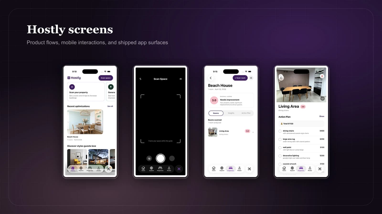 Hostly app screens